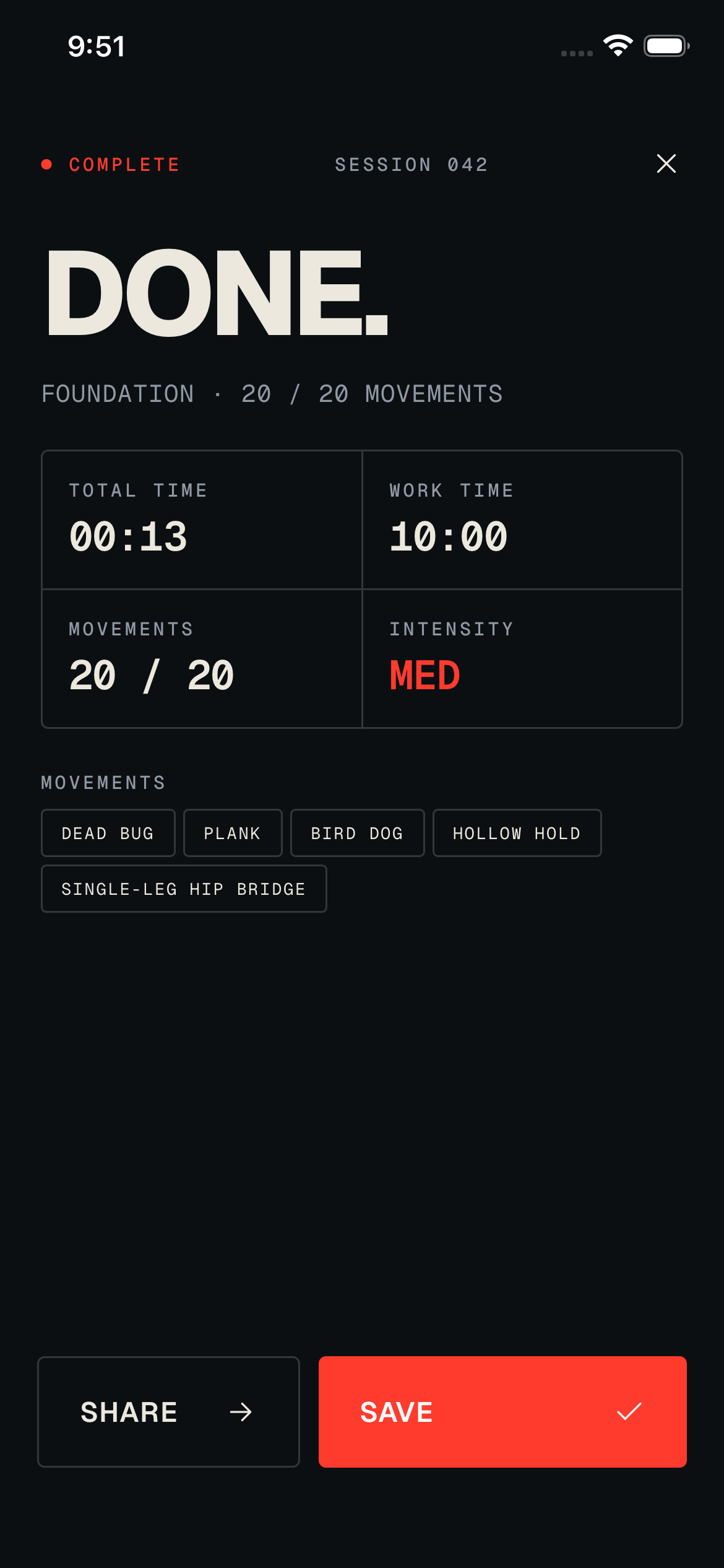 The workout-complete summary screen