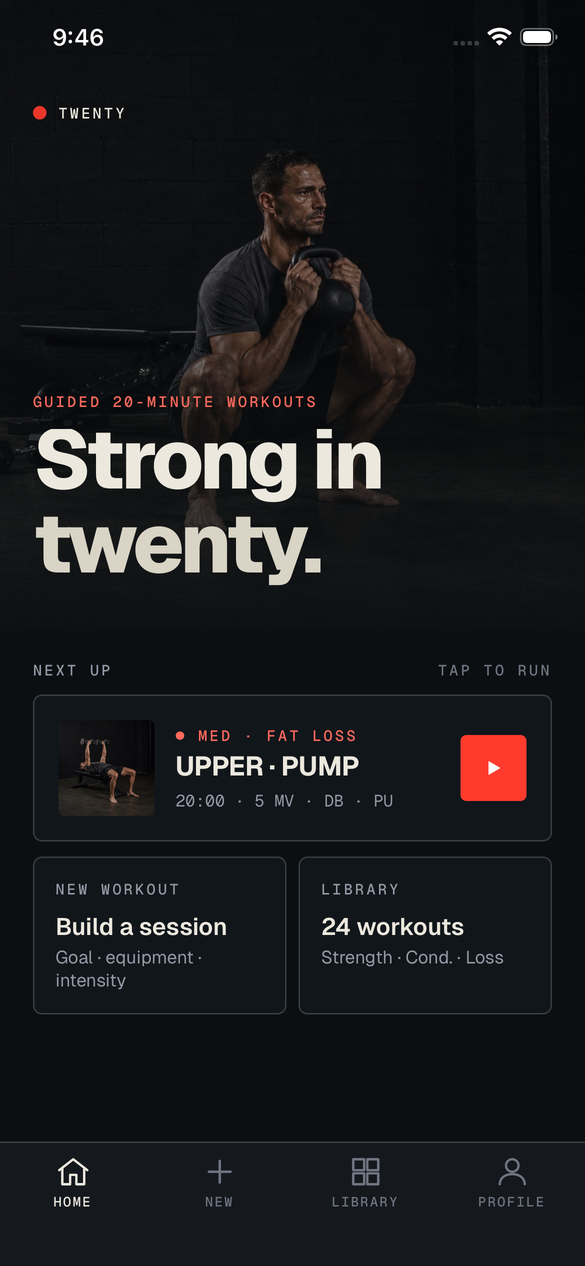 The TWENTY home screen — a guided 20-minute workout ready to run.