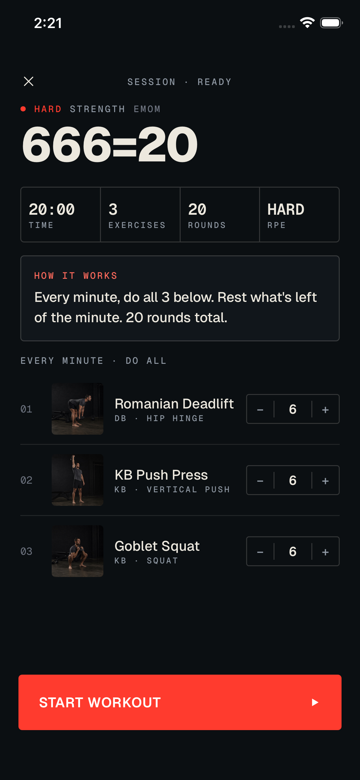 The pre-workout plan and preview screen