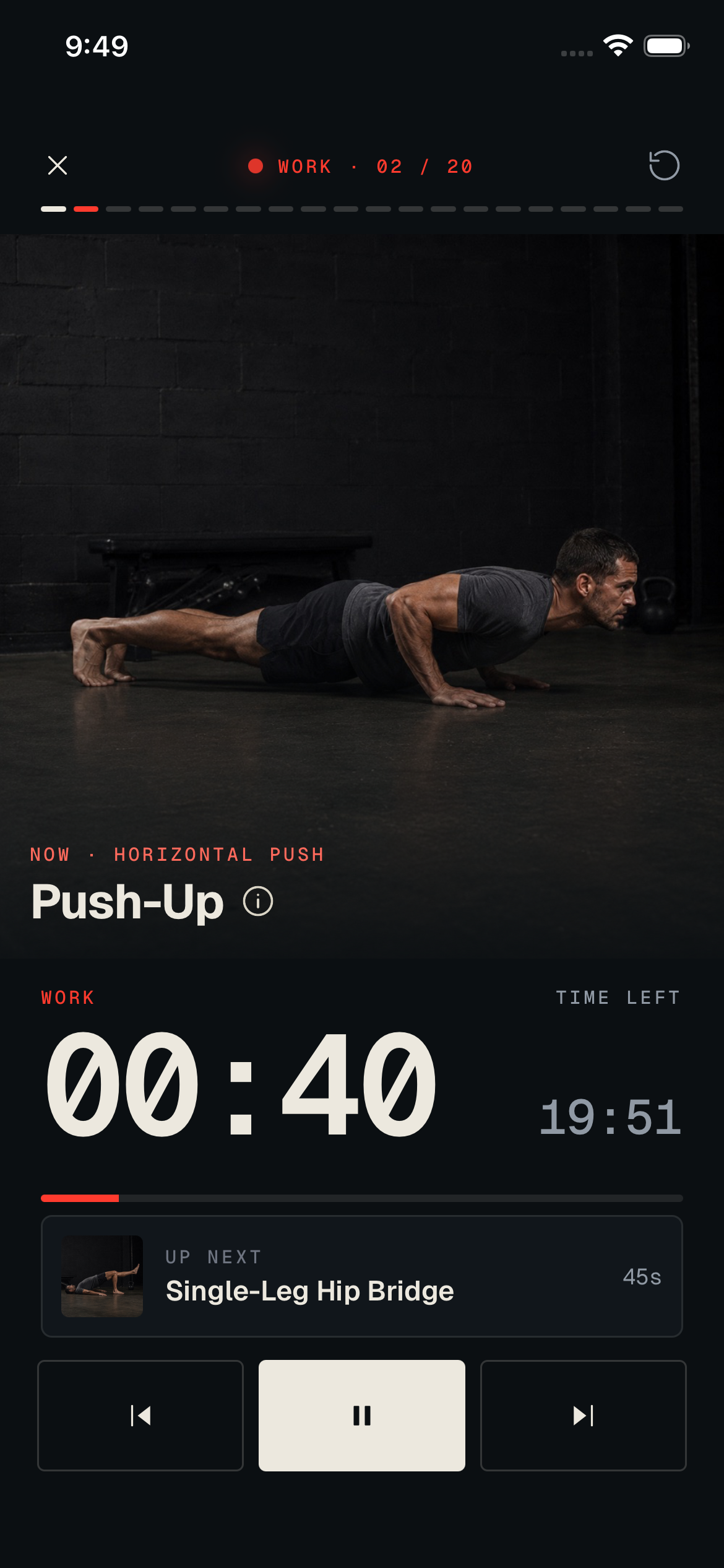 The TWENTY guided timer counting down mid-workout